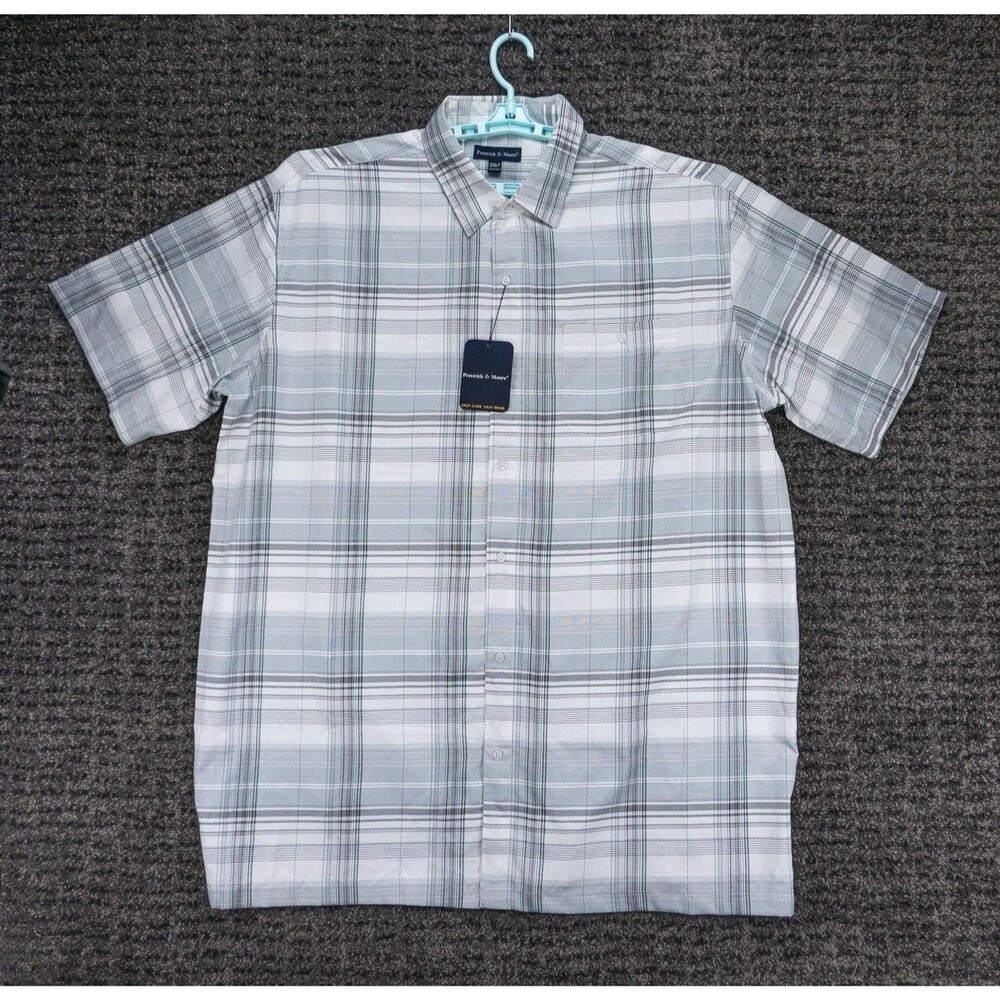 Preswick & Moore Shirt Mens 2XLT White Gray Plaid Short Sleeve Casual Dad NWT